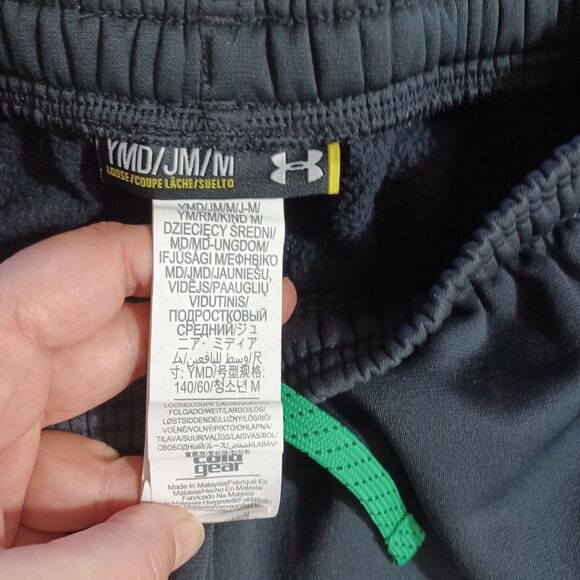 Under Armour Youth Boys M Storm Black Track Pants Joggers Green Logo Athletic - Picture 8 of 9